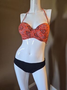 Forever 21 Orange Paisley Bandeau Bikini Top with Black Crochet Bottoms